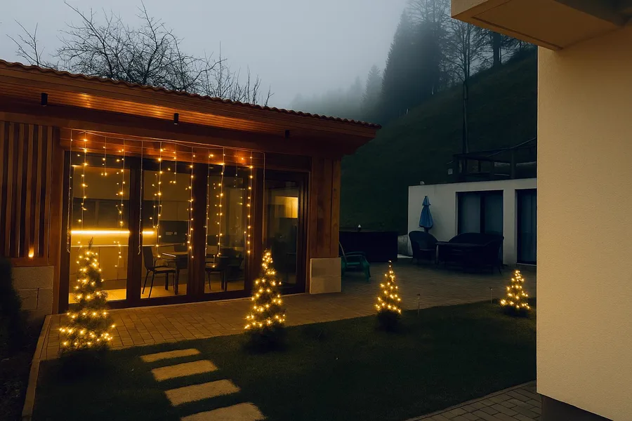 Gazebo exterior decorated for Christmas — misty winter evening